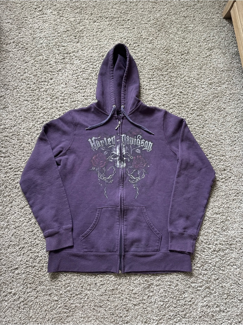Harley Davidson Hoodie Men's small purple Zip Up Y2K Skull roses chains flames